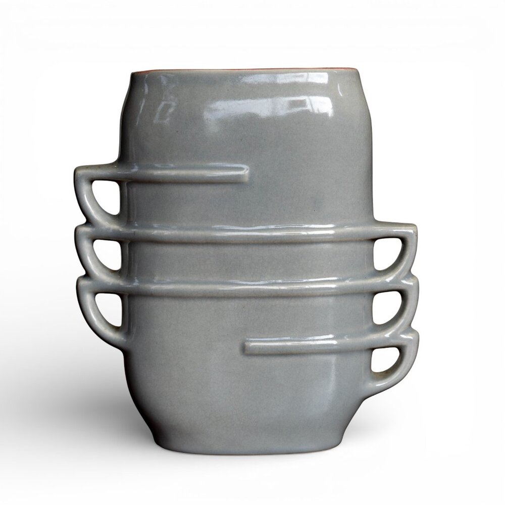 Vintage Gray & Pink Red Wing Pottery “Stacked Teacup” Vase #1359